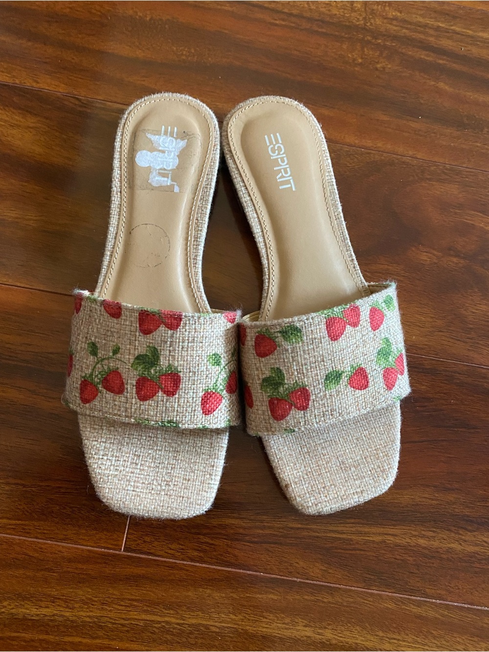 Esprit Beige Rylee Slide Sandals with Red Strawberry Print